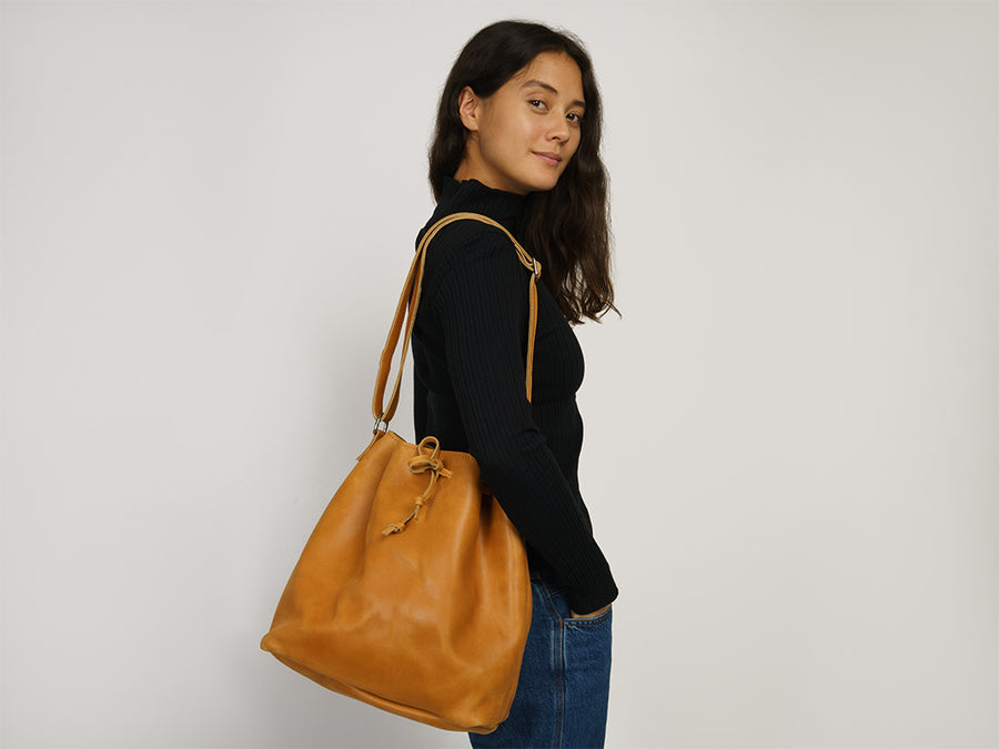 Leather Bucket Bag // Camel