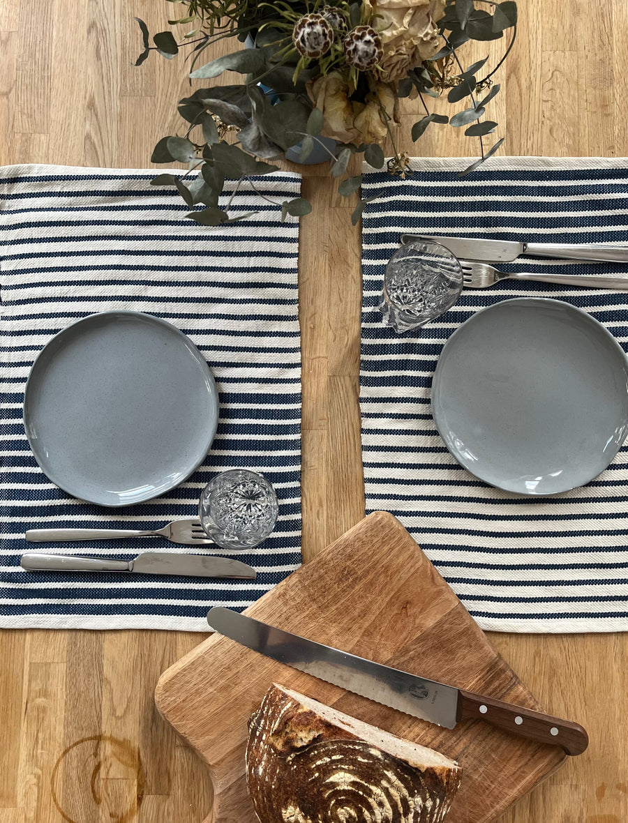 Cotton Placemats with Stripes // Natural-Blue // Set of 2