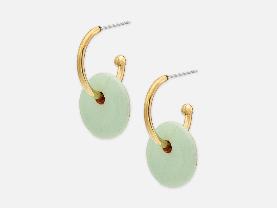 Rounded Stud Earrings with Ceramic Pendant // Gold-Mint