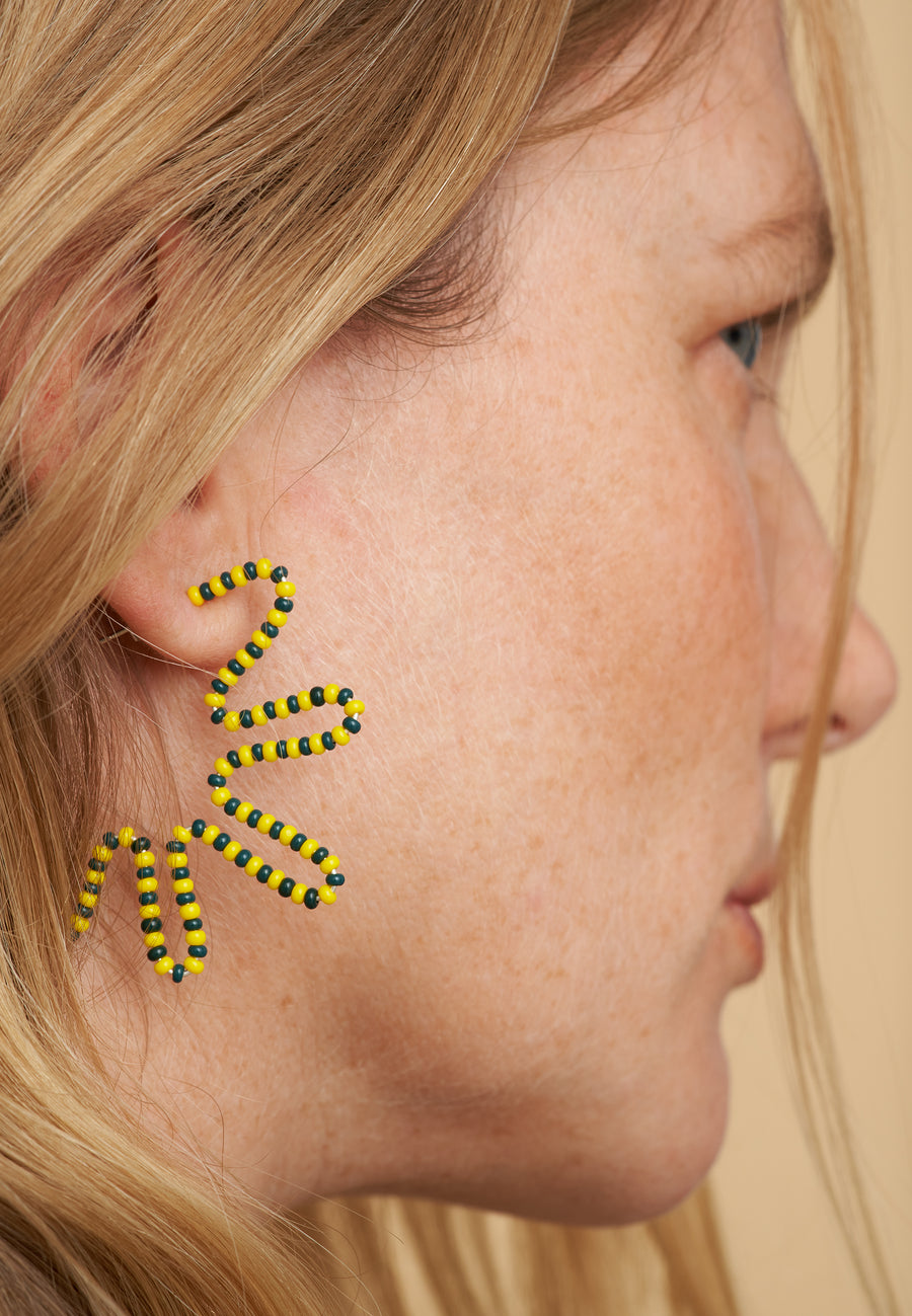 FOLKDAYS x SABINNA Two-Tone Floral Glass Bead Earrings // Yellow-Teal