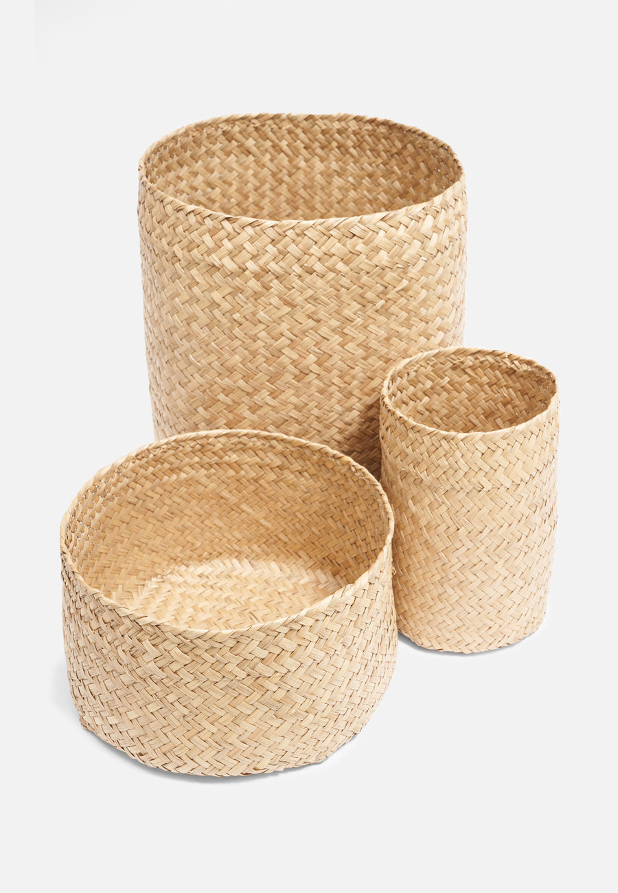 Round Seagrass Woven Storage Basket with Lid // Flat
