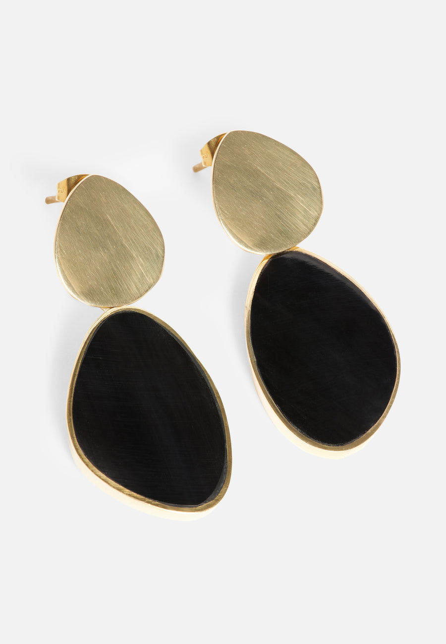 Two-Piece Stud Earrings in Brass and Black Horn // Gold-Black
